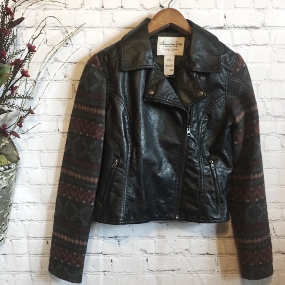 AMERICAN RAG Black Faux Leather Moto Jacket M